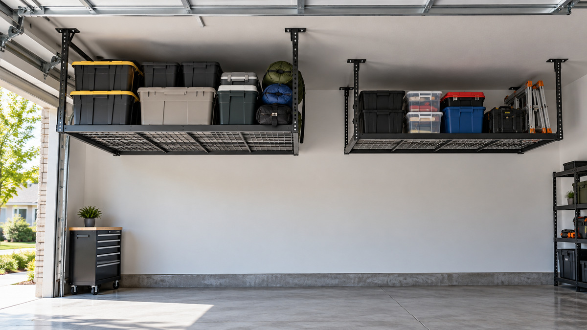 A clean editorial comparison scene showing generic ceiling mounted storage racks fleximounts and storeyourboard options side by side.