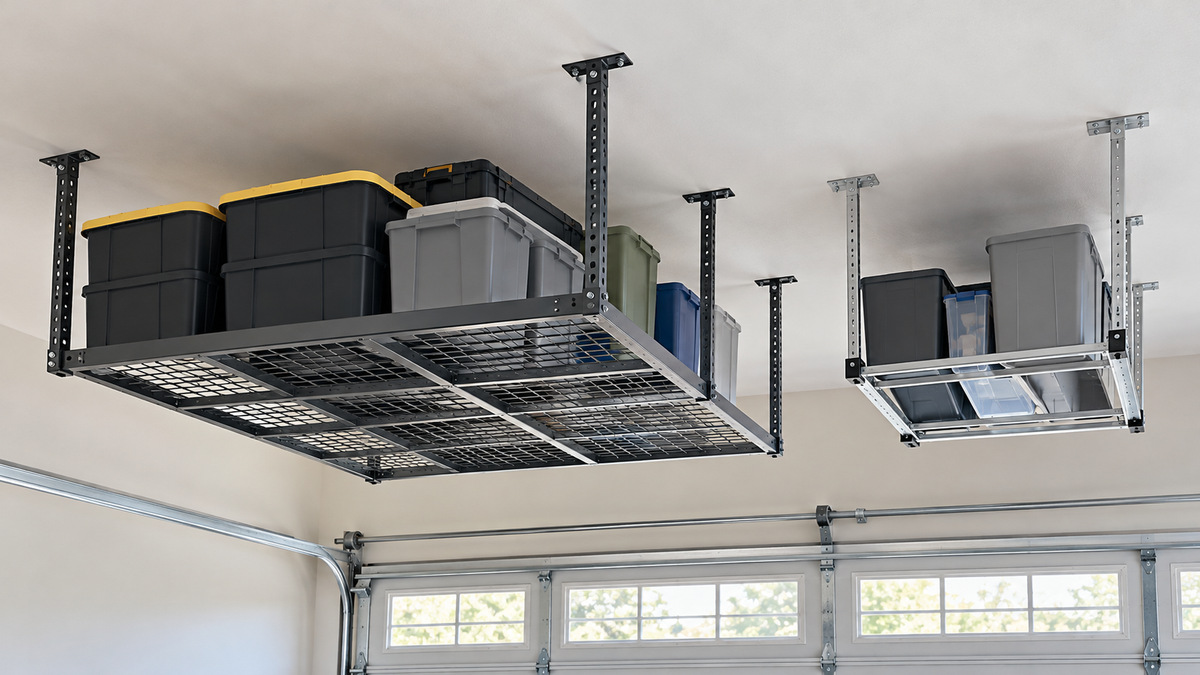 Two ceiling-mounted garage storage racks with different sizes and support configurations.