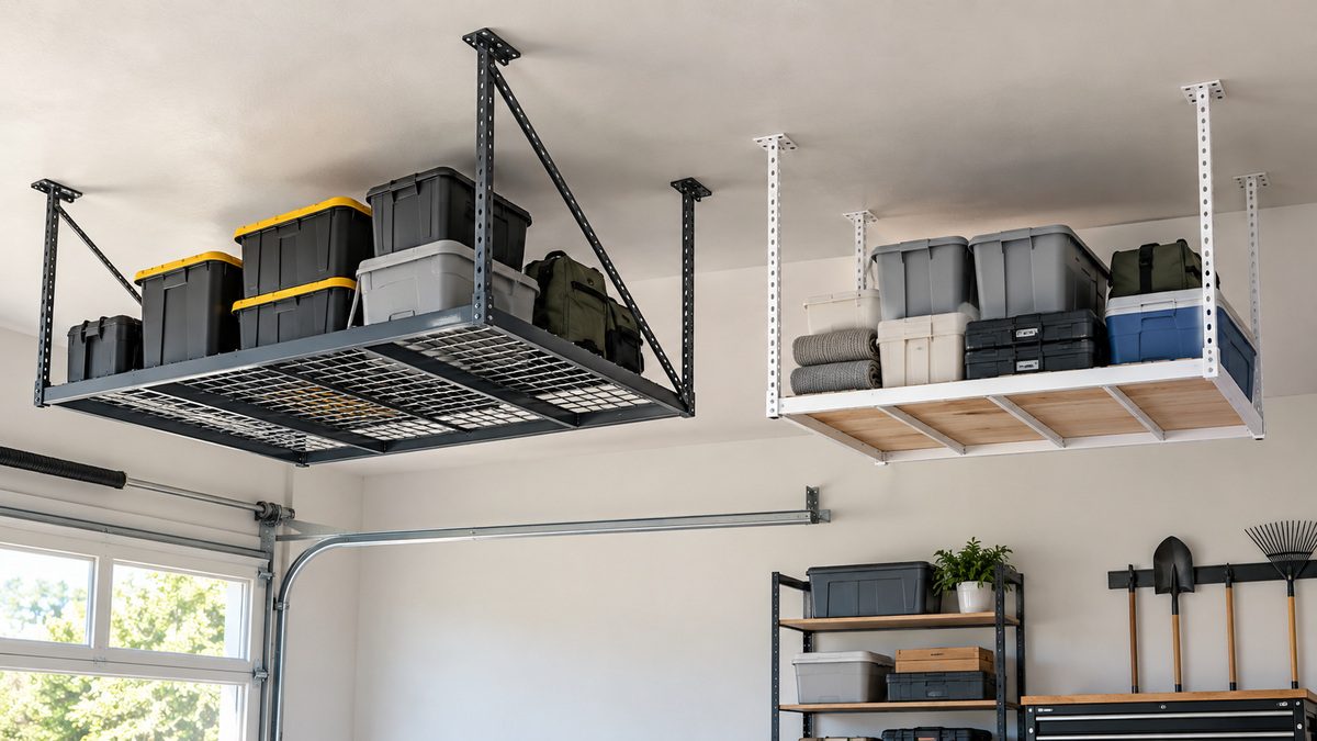 Two ceiling-mounted garage storage rack systems with different frames.