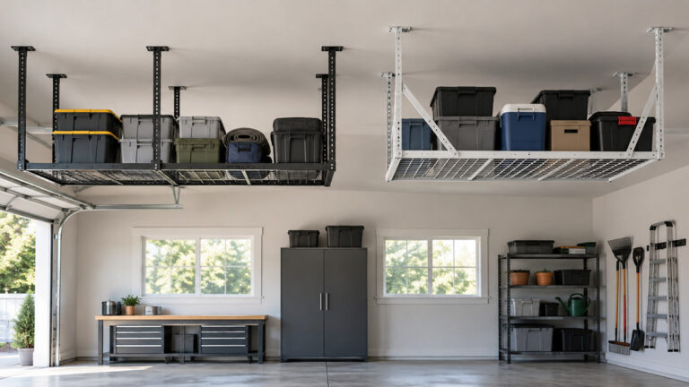 Editorial comparison scene featuring generic ceiling mounted storage racks jusgym options in natural light.