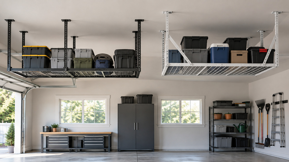 Editorial comparison scene featuring generic ceiling mounted storage racks jusgym options in natural light.