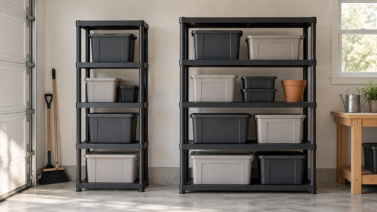 Product-focused comparison scene for centrex standing shelf units with the listed options arranged clearly.