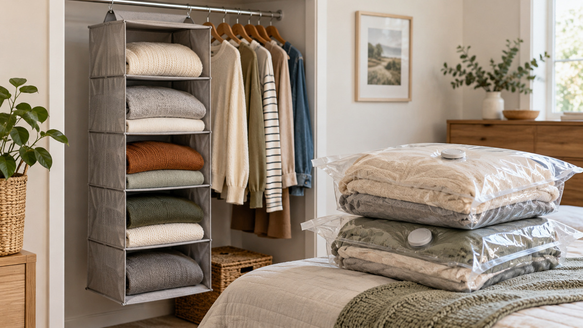 A hanging closet organizer and vacuum storage bag system.