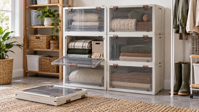 Stacked foldable storage bins holding neatly organized blankets and seasonal items