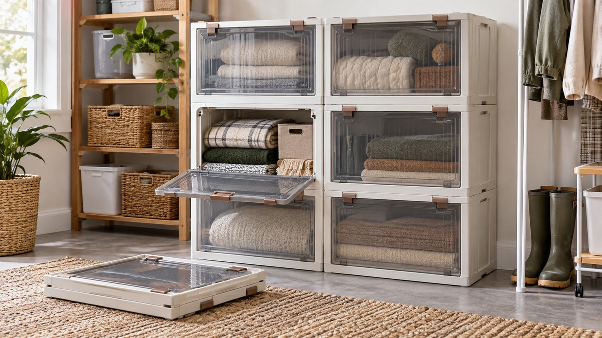 Stacked foldable storage bins holding neatly organized blankets and seasonal items