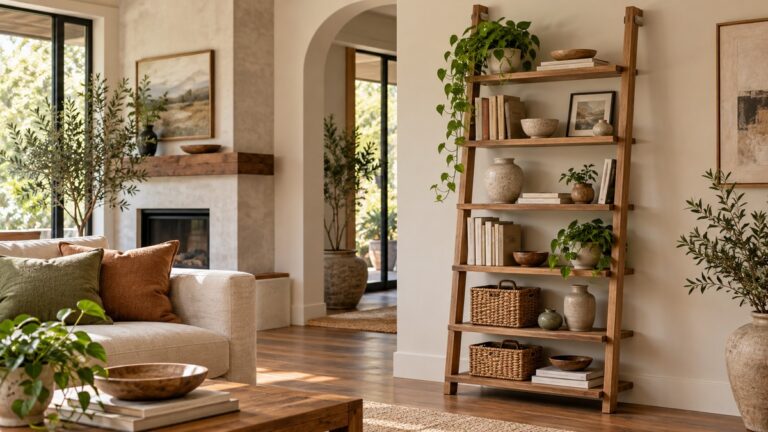Six-tier wood ladder shelf styled with books plants and decor