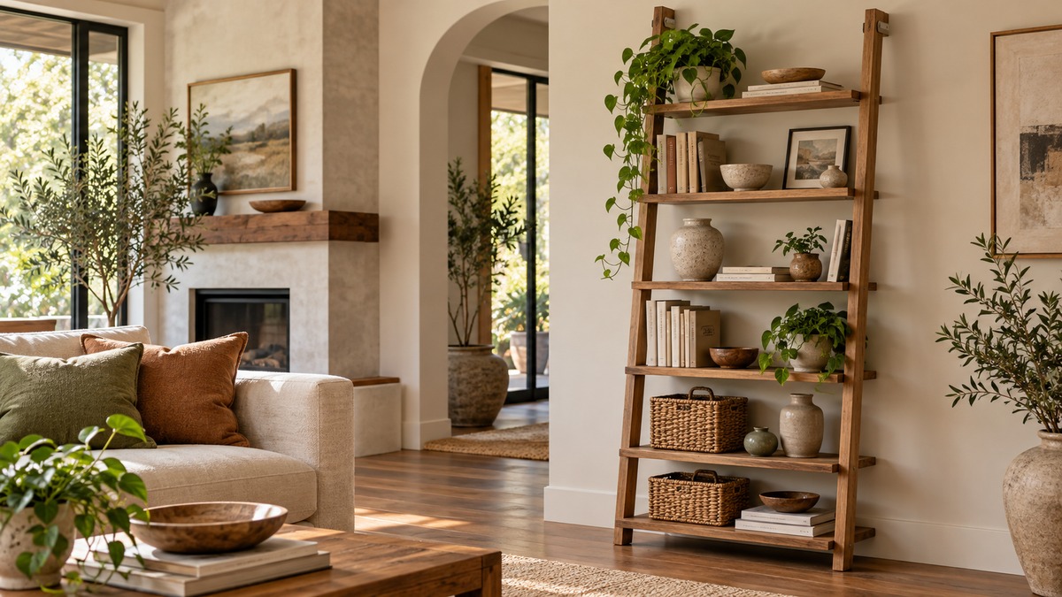 Six-tier wood ladder shelf styled with books plants and decor