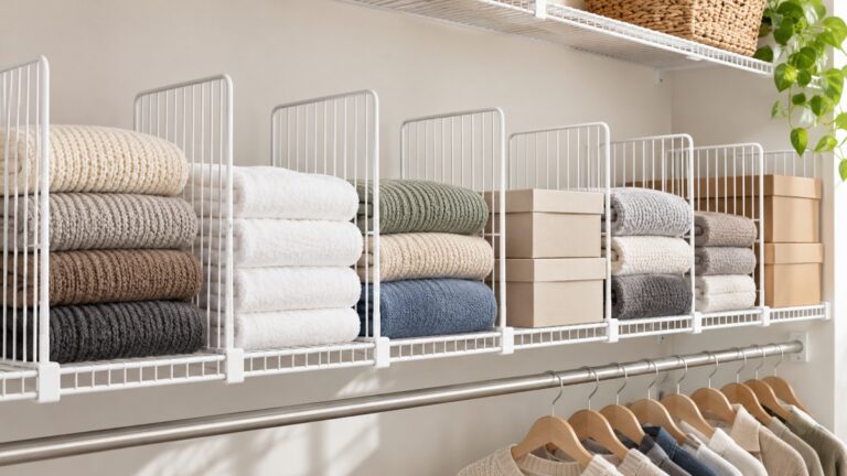 Eight tall white wire shelf dividers clipped onto a closet wire shelf, separating folded sweaters, towels and a row of shoe boxes.