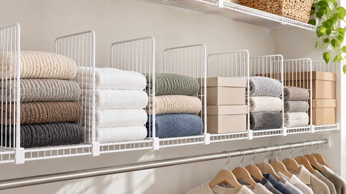 Eight tall white wire shelf dividers clipped onto a closet wire shelf, separating folded sweaters, towels and a row of shoe boxes.