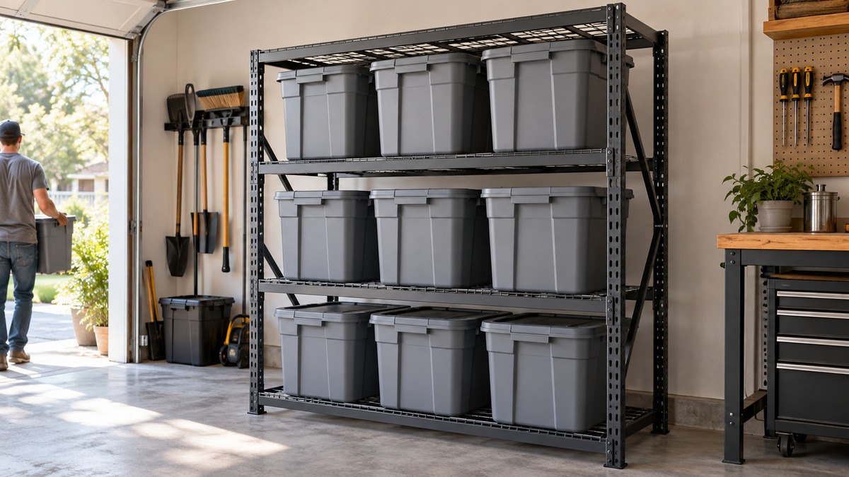 Editorial comparison scene for fero 27 gallon storage bin rack organizer heavy duty tote storag.