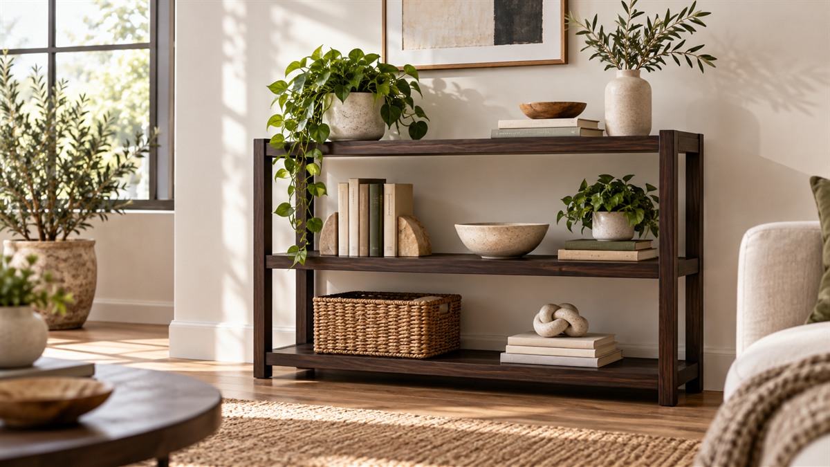 A three-tier open bookshelf in a black walnut finish, standing against a living room wall with books and a small plant on the shelves.