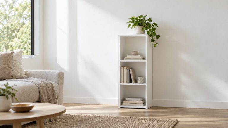A white three-cube standing bookcase with a closed back, holding books on the lower cubes and a small plant on top, against a bare living room wall.