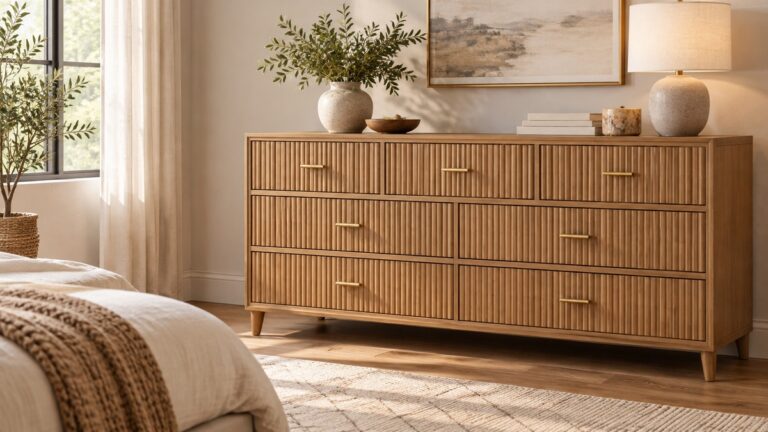 Seven-drawer fluted wood dresser in a warm modern bedroom