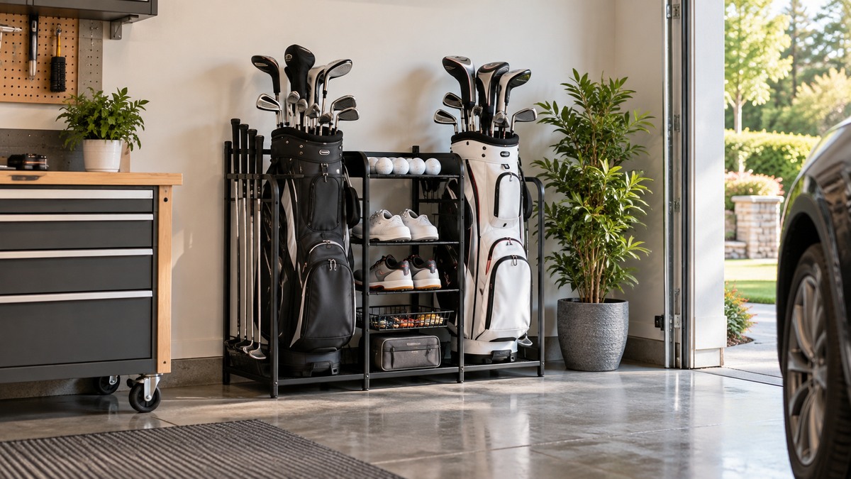 Golf bags and clubs organized on a garage storage rack