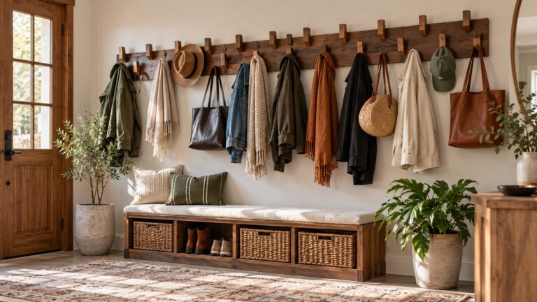 Modular wall coat rack organizing coats hats scarves and bags in an entryway