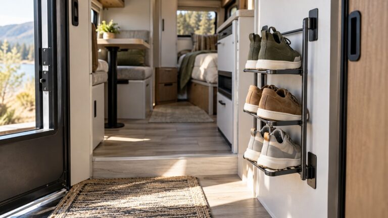 Slim magnetic shoe rack organizing footwear inside a compact RV entryway