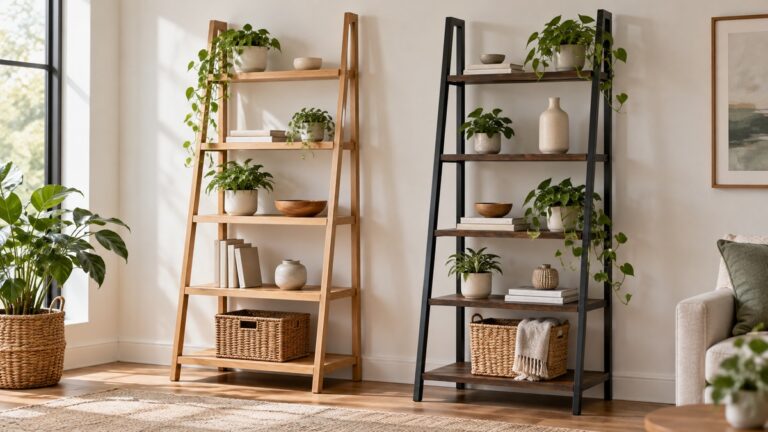 Two generic ladder shelving units with different heights and shelf depths in a modern room.