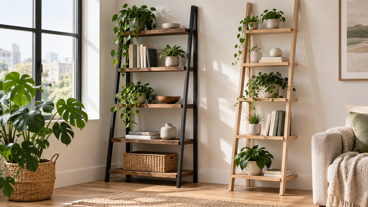 Side-by-side view of the VASAGLE and ELYKEN ladder shelves products on a neutral background, emphasizing visible differences in size and configuration.