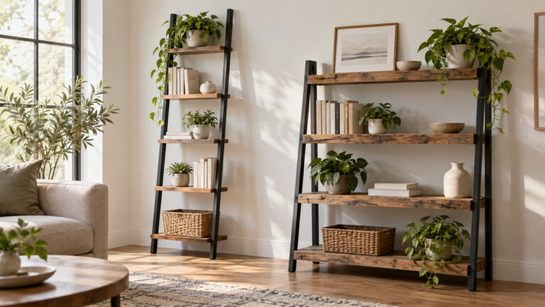 A slim five-tier ladder shelf beside a wider rustic four-tier shelf in a bright room.