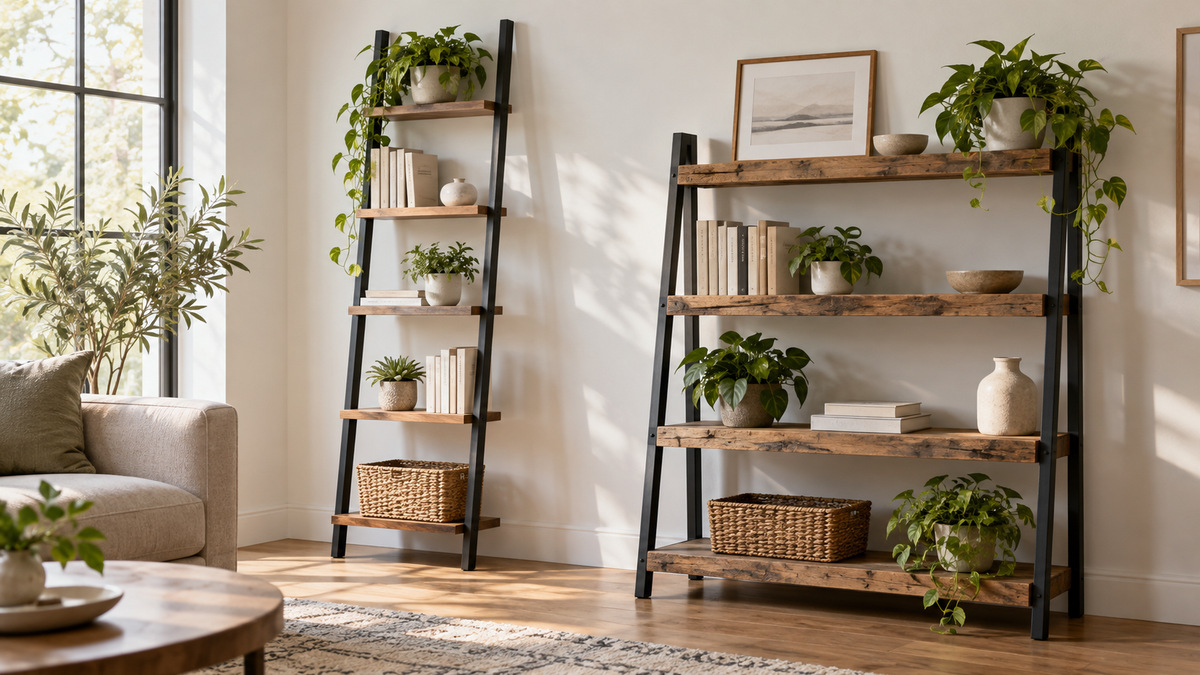 A slim five-tier ladder shelf beside a wider rustic four-tier shelf in a bright room.
