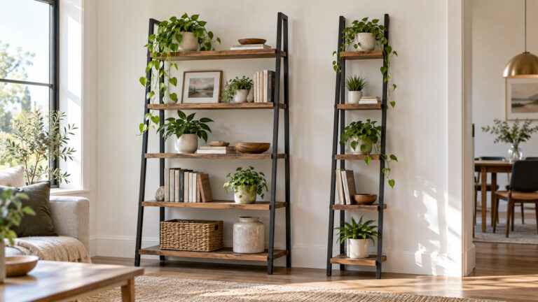 Two generic ladder shelving units with different sizes and shelf layouts.