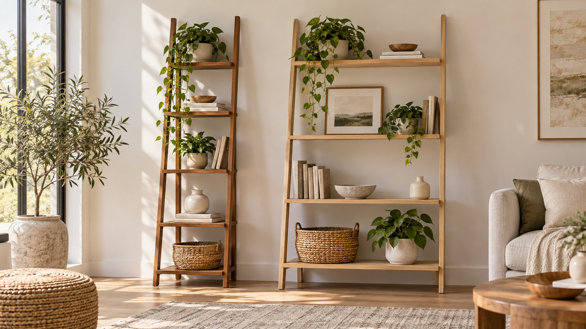 Editorial comparison scene featuring generic ladder shelves vasagle options in natural light.