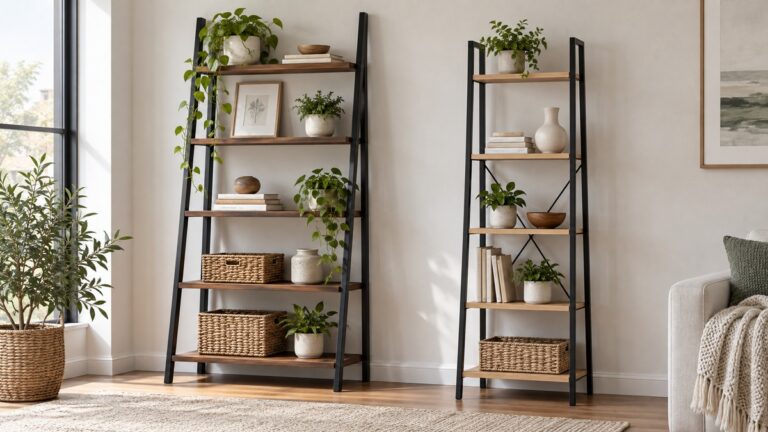 Side-by-side view of the VASAGLE and Tajsoon ladder shelves products on a neutral background, emphasizing visible differences in size and configuration.