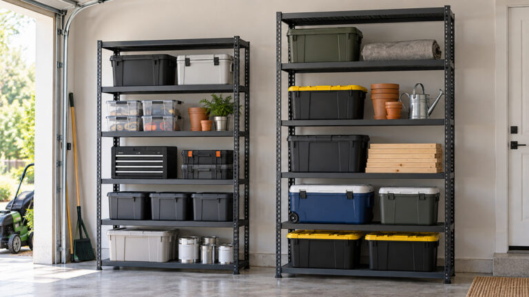 Two heavy-duty five-tier utility shelving configurations in a garage.