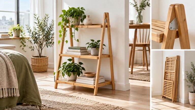 Editorial comparison scene for oakvivo ladder shelf foldable plant shelf stand 3 tier bamboo book.