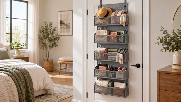 Five-tier over-the-door organizer holding bedroom accessories