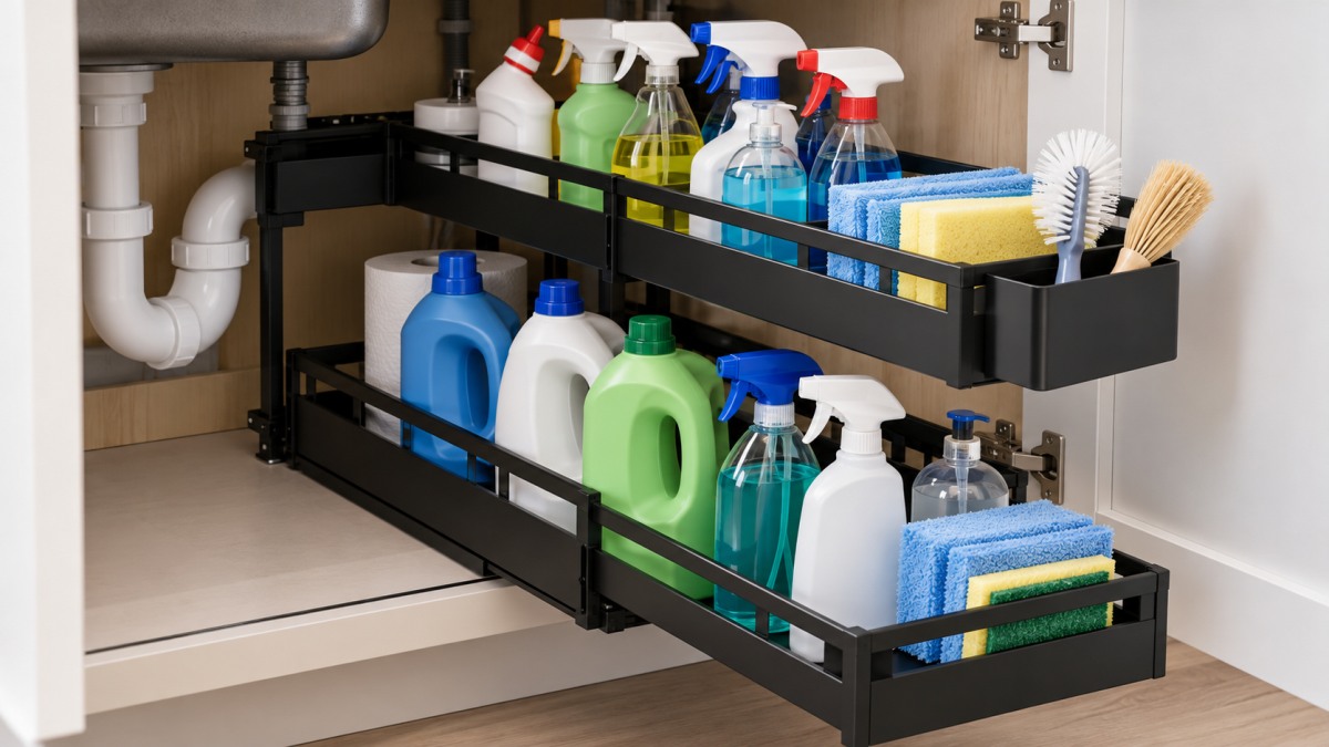 A black metal under-sink pull-out organizer with two wire baskets, shown pulled out from a kitchen cabinet beside cleaning bottles.