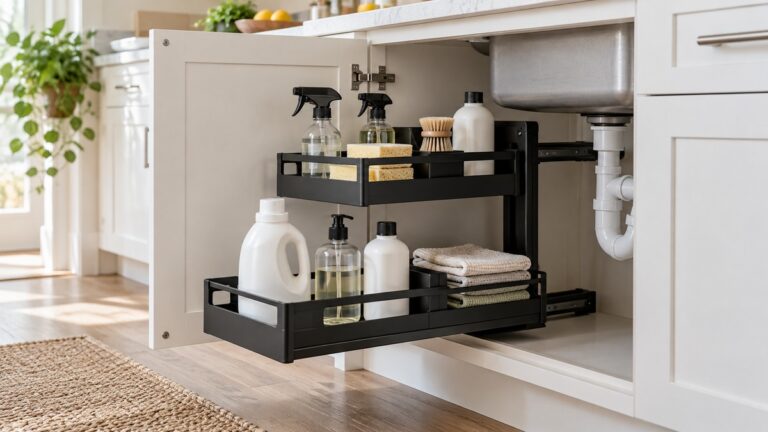 A black metal two-tier pull-out organizer with L-shaped baskets, pulled out from a kitchen cabinet beside a row of cleaning bottles.