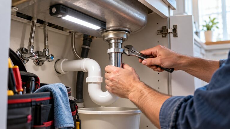 Rechargeable magnetic LED work light illuminating a home plumbing repair under a sink
