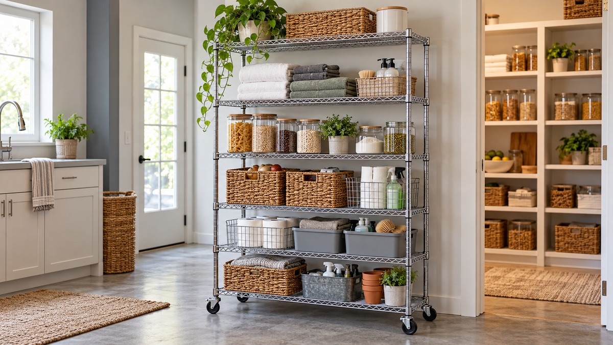 Six-tier rolling wire shelving organized for pantry and utility storage
