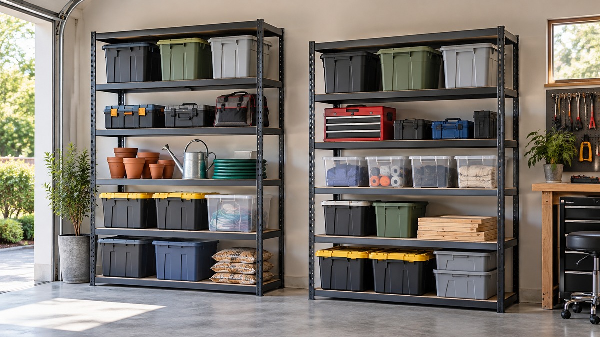 A generic heavy-duty five-tier utility shelf shown in two useful garage configurations.