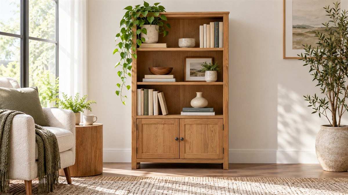 Short bookshelf with doors