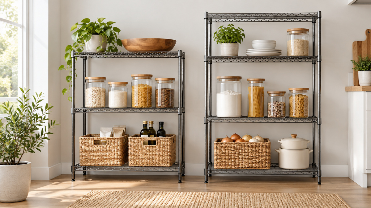 Product-focused comparison scene for singaye standing shelf units with the listed options arranged clearly.