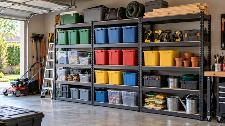 Heavy-duty metal shelving organizing storage bins and tools in a garage