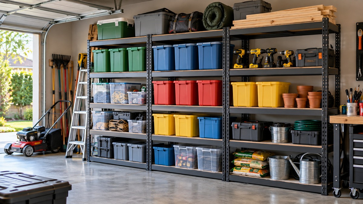 Heavy-duty metal shelving organizing storage bins and tools in a garage