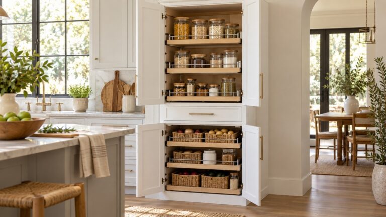 A tall white pantry cabinet with two doors and a central drawer, standing against a kitchen wall with its slide-out racks partly open.