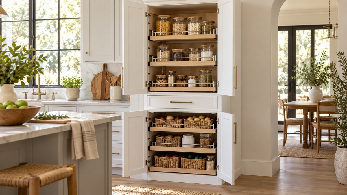 A tall white pantry cabinet with two doors and a central drawer, standing against a kitchen wall with its slide-out racks partly open.
