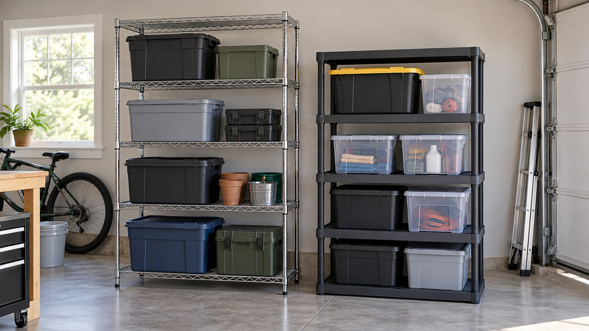 A clean editorial comparison scene showing generic standing shelf units amazon basics and plano options side by side.