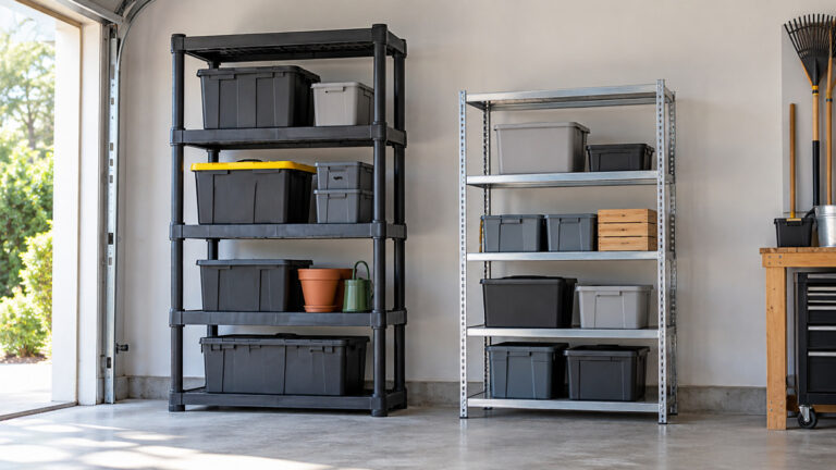 A molded plastic utility rack beside an adjustable galvanized steel storage rack.