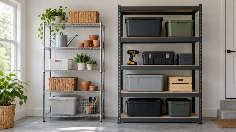A wire rack and a heavy-duty metal shelf arranged side by side.