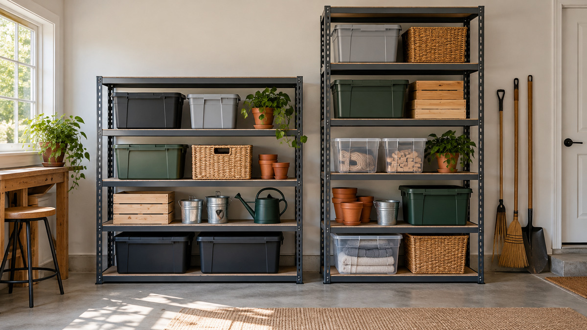 Editorial comparison scene featuring generic storage racks acemining options in natural light.