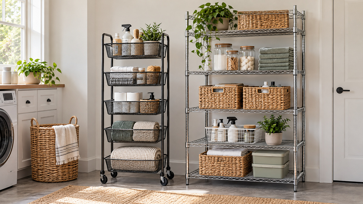 A wheeled basket rack and stationary wire storage rack.