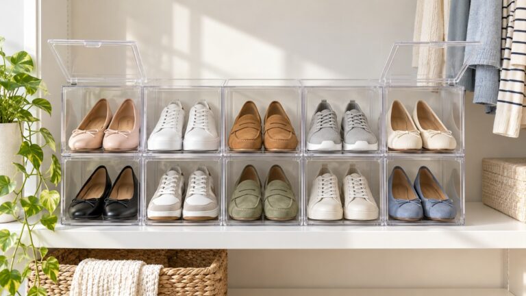 A clear plastic shoe slot organizer with ten slots holding pairs of flats and sneakers on a closet shelf, with the lids lifted on two slots.