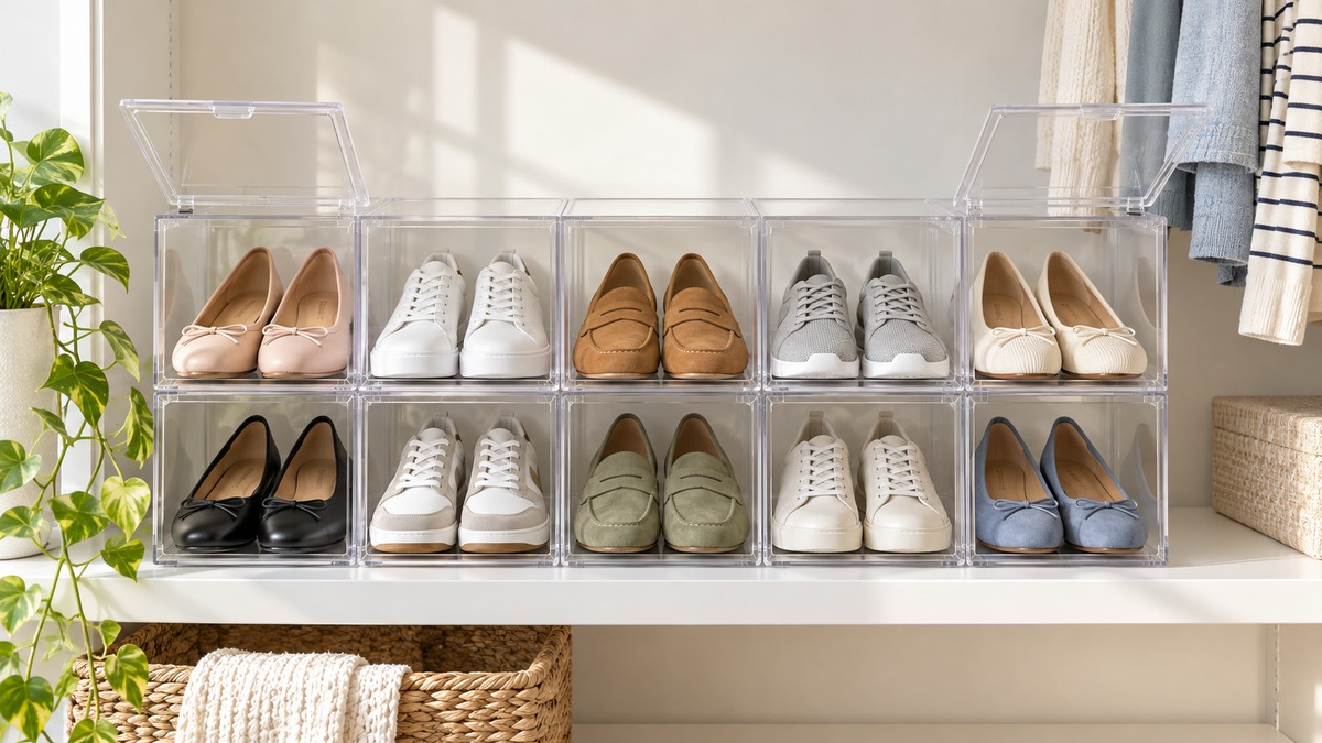 A clear plastic shoe slot organizer with ten slots holding pairs of flats and sneakers on a closet shelf, with the lids lifted on two slots.