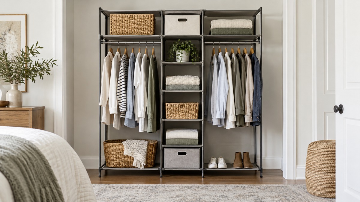 A freestanding closet organizer with fabric shelves and hanging rods, set against a white wall in a bedroom closet.