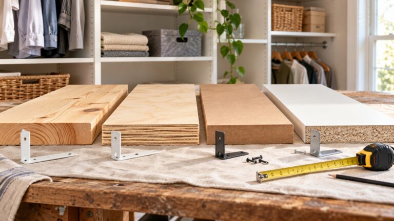 Wood shelf materials and mounting hardware in a closet workspace.